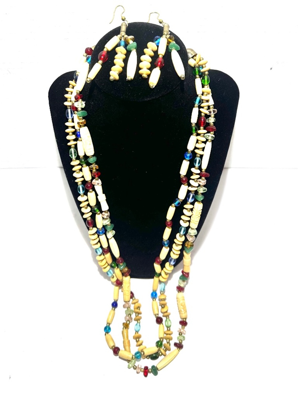 Vintage Boho Artisan Set Carved Multicolor Beads Necklace and Dangle Earrings